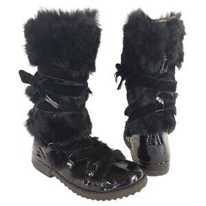 Sonia Rykiel Patent Leather & Fur Lace-Up Boots Size 37 US 7 Womens Black $450